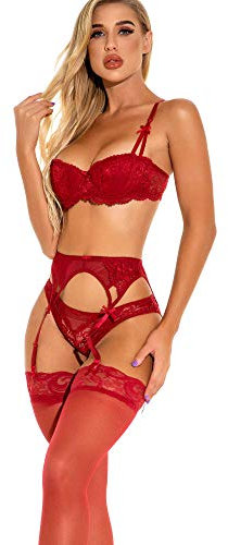 Bluewhalebaby Sexy Lingerie for Women Demis Push-up Lace Bras and Knicker Set with Suspender Garter Belt For Thigh High Stockings Red with garter belt 34A