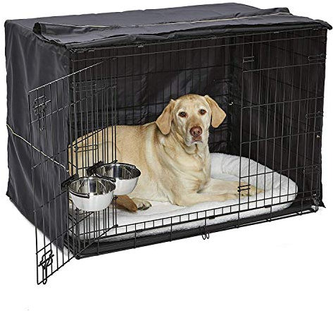 MidWest Homes for Pets iCrate 1542DD-KIT Hundebox-Set, mit ca. 107 cm langer Hundebox mit Doppeltür, Haustierbett, 2 Schüsseln und Box-Abdeckung, Trenneinsatz und patentierten Funktionen, schwarz