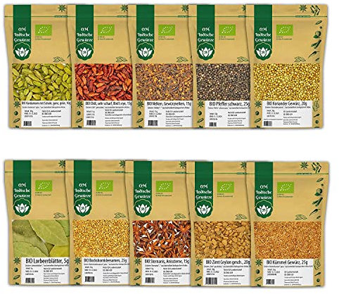 BIO Indische Gewürze 10er STARTER SET 2 - Indische Küche - Kardamom, Bockshornklee, Gewürznelken, Kümmel, Koriander, Sternanis, Lorbeerblätter, Chili, Zimt, Pfeffer