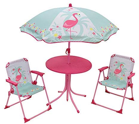 Fun House | Salon de Jardin Flamant Rose pour Enfants 3 Ans | Table Ø46 cm + 2 Chaises Pliantes + Parasol Ø100 cm | Mobilier Extérieur Été pour Jardin Terrasse ou Balcon | Idée Cadeau Enfant