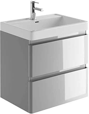 The Bath People Newbold Wall Hung Mounted Bathroom Furniture Cool Grey Gloss Vanity Unit With White Resin Basin Sink- 600mm