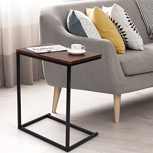 GIANTEX Beistelltisch C-Form mit Laptopablage im Industrie-Design,Sofatisc | Notebooktisch aus Holz & Metall, Kaffeetisch Pflegetisch Ablagetisch für Wohnzimmer, Schlafzimmer, 55x35x65 cm (Braun)
