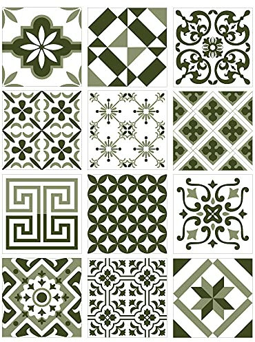 | Autocollants Carreaux | Planche de 12 Stickers Carrelage - Carreaux de Ciment - Modèle KAKI - Dimensions d'un Carreau : 20 x 20 cm - Salle de Bains Crédence Meubles ...