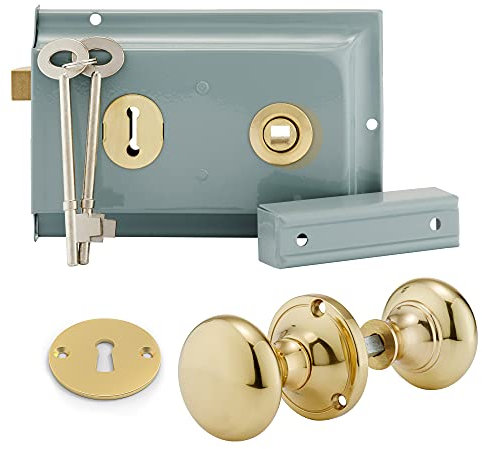 XFORT Premium Range 6x 4 Traditional Grey Rim Lock Set with Rim Knob, Surface Door Lock with Latch, Shed Lock with Key, Vintage Garden Gate Lock, for External Sheds, Gate or Doors