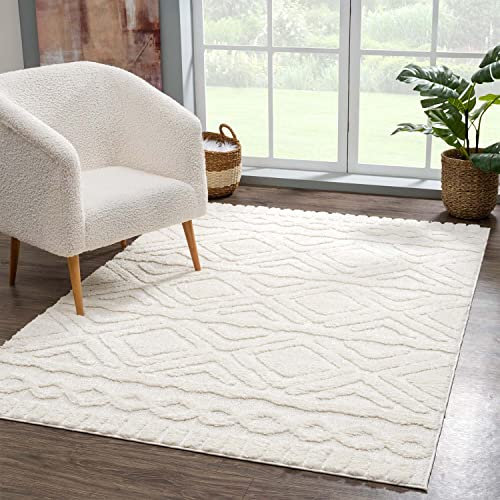 carpet city Teppich Wohnzimmer Hochflor Creme - 200x290 cm - Rauten Hochtief-Muster, 3D-Effekt - Bettvorleger Schlafzimmer Teppiche Boho, Skandi