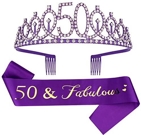 Lila 50 Geburtstag Geschenke für Frauen, 50 Lila Geburtstag Dekorationen Frauen, 50 Geburtstag Schärpe, 50 Geburtstag Tiara, 50 Geburtstag Krone, Lila Kronen für Frauen, 50 Geburtstag Schärpe und