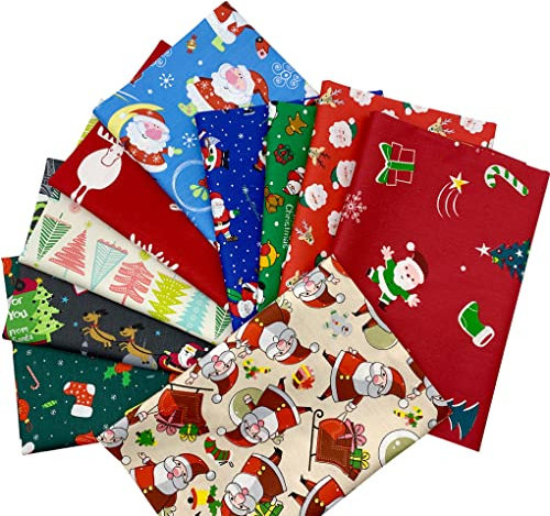 Jukway 10er 50x50cm Baumwollstoff Weihnachten Deko Stoffe zum Nähen, Weihnachtsmotive Stoffpaket Patchwork Weihnachten Stoff Baumwolle zum Quilten Basteln Dekoration Handwerk