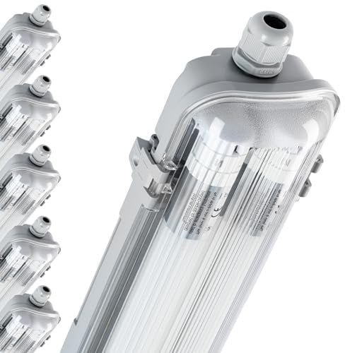 LED Feuchtraumleuchte 120cm IP65 mit 2x 18W Leuchtstoffröhre – neutralweiß 3.600 Lumen – Klappdeckel, Steckklemme, Kabeleinführung NYM-J 3x2,5mm² – 6er Sparset – feuchtraumleuchte LED 120cm