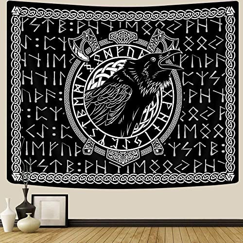 Viking Raven Wandteppich, alte nordische keltische Mythologie Runen Wandteppiche für Männer, nordische Wikingerkrähe, griechische Mythologie, ästhetischer gotischer Wandteppich für Schlafzimmer,