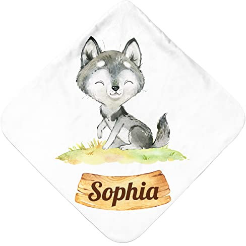 Pictogogo Baby Badetuch mit Wolf | Babyhandtuch mit Kapuze | Personalisiertes Baby Kapuzenhandtuch mit Namen & süßem Tiermotiv | Extra weiches und saugfähiges Babybadetuch | Handtuch mit Kapuze
