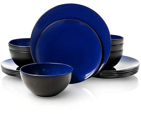 TP 18-teiliges Geschirr-Set, Melamin-Geschirr-Set mit Schalen und Salattellern, unzerbrechliches leichtes Essgeschirr, Service für 6 Personen, Blau und Schwarz
