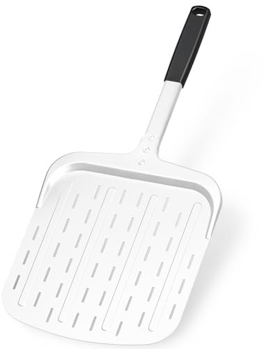 RIOOMDX Pizza Peel 12-inch, Perforated Metal Pizza Paddle Long Handle, Non-stick Aluminum Pizza Peel Spatula for Oven & Grill Baking Pizza Bread Pastry, Pizza Oven Accessories