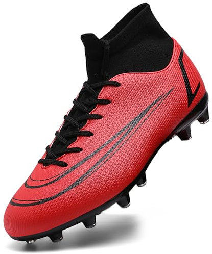 ASOCO DREAM Zapatillas de Fútbol Hombre Tacos Botas de Fútbol Profesionales Deportivas de Caña Alta Aire Libre Zapatos de Atletismo Calzado de Fútbol,Rojo,42 EU