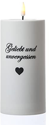 LED Grabkerze MIA Outdoorkerze mit Schrift Grablicht Trauerkerze H: 15cm D: 7,5cm weiß für Außen (geliebt und unvergessen)