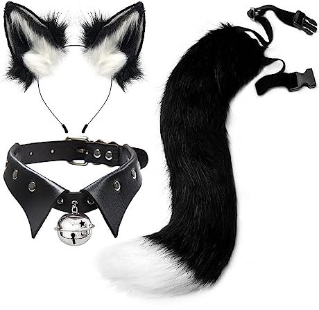 URFEDA 3 teiliges Plüsch Katzenohren Katzenschwanz Cosplay Set,Fuchs Ohre Stirnband Haarband Glöckchen Halskette,Katzenohren Haarreif Halloween Kostüm Zubehör für Frauen Mädchen,Braun,Schwarz Weiß