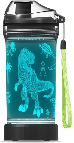 Kids Water Bottle, Dinosaur-themed Light-Up Sport Cup with 3D Glowing LED Dinosaur Light – 14 OZ Tritan BPA-Free - Camping, and Holidays (Dinosaur)…