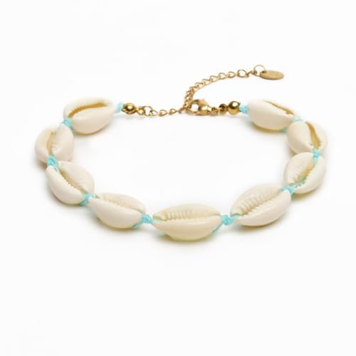 BERGERLIN Bracelet de cheville coquillage pour femmes et hommes - Avec fermoir doré et certification d'authenticité (M-L, bleu)
