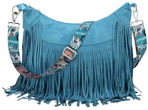 Sunwel Fashion Damen-Hobo-Tasche mit Fransen, Western-Geldbörse, Umhängetasche, veganes Wildleder, Quaste, Hippie-Umhängetasche, Türkisblauer Riemen
