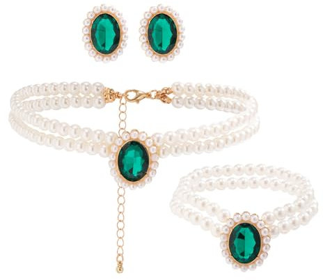 TOFBS 3PCS Perlen Schmuck Damen Smaragd Anhänger Halskette Armband Ohrringe Set Perlen Perlenkette Hochzeit Schmuck für Frau Freundin Braut Mutter Tochter Geschenk Grün