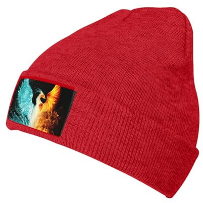 Unisex Mütze mit Phoenix-Aufdruck für Herren und Damen, Strickmütze, Wintermütze, warme Wintermütze, weiche Skimütze, rot, One size
