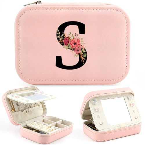 Tarklanda Joyero Pequeña con Inicial, Portátil Jewelry Organizer, Joyero Organizador de Viaje con Espejo, Regalo para Niña, Mujer, Amiga, Madre, Ideal para Cumpleaños, Navidad (S)