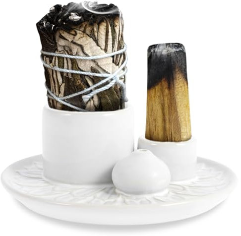 Palo Santo – Brûleur d'encens 4 en 1 en céramique, élégant porte-encens pour bâtons, bougie, sauge à brûler, bac récupérateur de cendres de 13 cm pour salle de yoga (blanc)