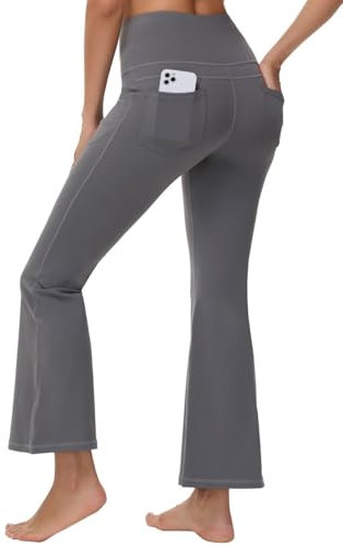 GEMZIX Damen Kühlende Bootcut Yogahose High Waist Butterweiche Stretch Jogginghose Leggings Sporthose Lang Schlaghose Weites Bein Hose Arbeitshose mit Taschen Jeggings für Gym Alltag, Taubengrau, M