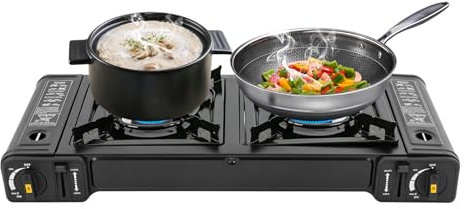 Réchaud à gaz à 2 feux - Noir - Réchaud de camping - Plaque de cuisson à gaz - Cuisinière à gaz - Avec couvercle amovible - 2 feux - Plaque de cuisson à gaz