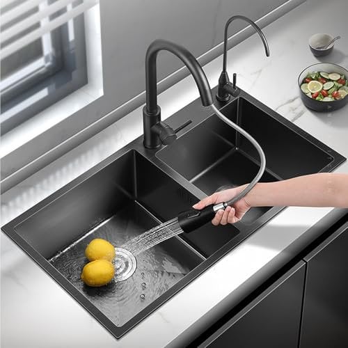 Edelstahl Schwarz Spüle Doppelwaschbecken Moderne Spülbecken 2 Becken Küchenspüle Rechteckig Mit Abtropfgestell Einbauspüle Mit Zubehör, Großes Und Kleines Schlitzdesign