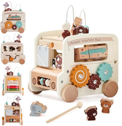 OESSUF Motorikwürfel ab 1 Jahr | Spielwürfel Baby Montessori Spielzeug ab 1 Jahr | 9 in 1 Bus Activity Würfel Holz Baby Motorikspielzeug für 12+ Monate Mädchen Jungen Geburtstags Geschenk Beige