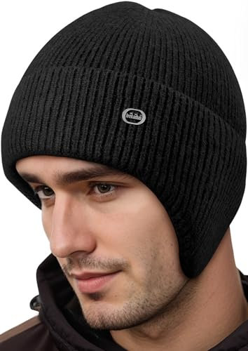 Schwarz Wintermütze Herren Damen, Mütze Herren Winter Strickmützen für Herren, Beanie Herren Winter Warme Mütze mit Ohrenklappen, Skimütze Herren Thermo Mütze Herren Geschenke für Männer Weihnachten