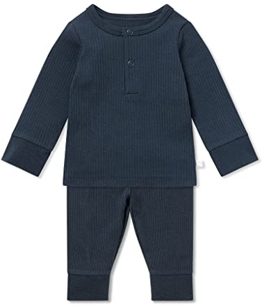 MORI Unisex Ribbed Pyjamas Navy Organic Cotton Nightwear with Front Popper Placket Elasticated Waistband Breathable Lightweight for Kids 4-5 Years Comfortable Durable Sleepwear for Boys and Girls