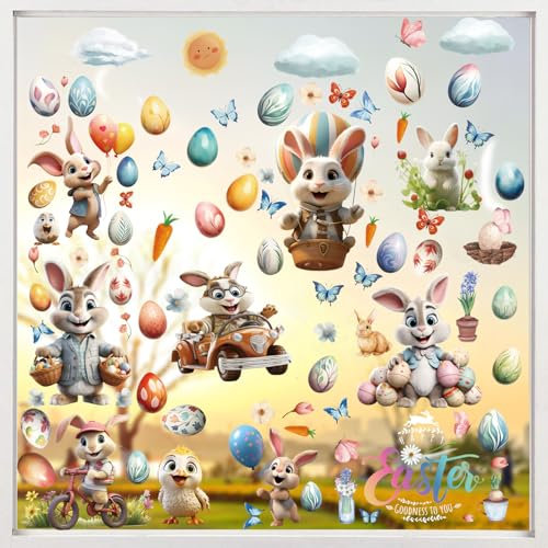 Pâques Autocollants Fenetre, 9 Feuilles Stickers Paques Fenetre Décorations Paques Fenetre Réutilisable Stickers en Amovible PVC 3D pour Deco de Pâques