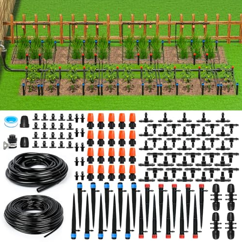 MIXC Kit di micro irrigazione a goccia per serra, 60 m, sistema di irrigazione automatico per piante da patio, con tubi da 1/4 e 1/2, ugelli regolabili, emettitori e raccordi spinati per