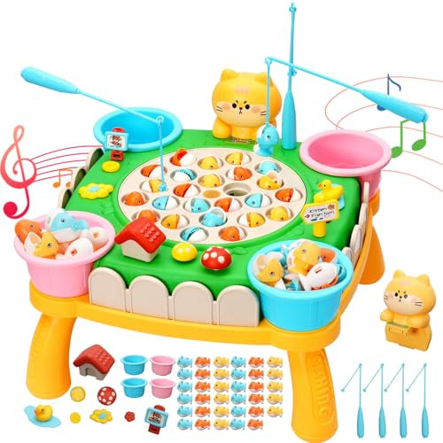 Nukdey Angelspiel Fische Angeln Spiel Spinnendes Angelspielzeug mit Musik, 8 Kinderangel und 35 Fischen Montessori Angelspiel Brettspiel Lernspielzeug Geschenk für Jungen und Mädchen ab 2 3 4 Jahre