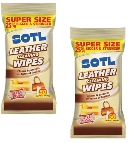 SOTL® X2 Leather Cleaning Wipes Conditioning & Protecting Formula Removes Dirt, Stains & Restores Shine Safe for Furniture, Car Seats, Shoes & Bags Fresh Scent 50 Wipes