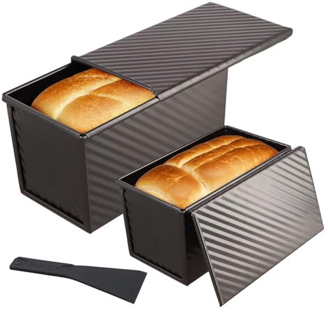 Mapille 2 piezas Molde pan con tapa, Acero carbono Antiadherente molde rectangular reposteria con orificios de ventilación y raspador, Resistente al calor hasta 220°C moldes para pan, Negro