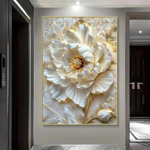 CHAOJIART Moderne abstrakte Blumen-Kunstdrucke auf Leinwand, gold-weiße Blumen-Wanddekorationen, Wandkunst-Poster für Wohnzimmer und Schlafzimmer, 80 x 120 cm, Innenrahmen