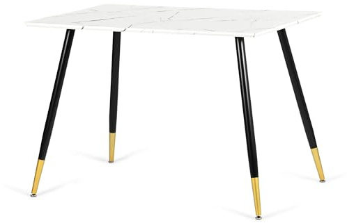 FurnitureR Rechteckiger Esstisch, L-110 cm für 4 – 6, luxuriöses Design, Nachahmung weißer Marmor, Oberseite mit schwarz-goldfarbenem Metall, vielseitig und minimalistisch, Küchentisch