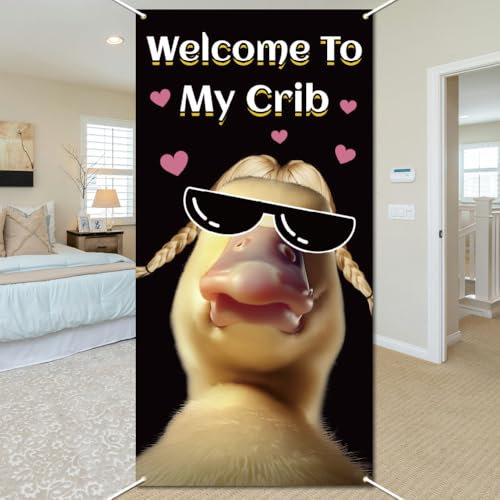 WADORN Welcome to My Crib Door Cover Banner, 5.9x2.9 Ft Funny Duck Flag Banner Decoration Backdrop Novelty Bedroom Home Door Decorative Sign Hanging Supplies for Dorm Room Porch Walls Tapestries