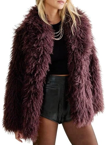 Yimoon Womens Faux Fur Coat Winter Fluffy Faux Fur Jacket Long Sleeve Lapel Collar Furry Shaggy Parka Coat(WineRed-L)
