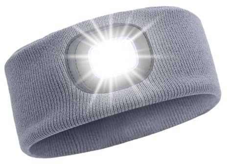 LED Lighted Headband, USB Rechargeable Night Running Headlamp Running Lights for Runners with 4 LED, Head Torch Stretchy Waterproof, Hands Free Flashlight for Runners Dog Walking Hiking (Gray)