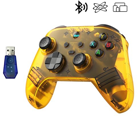 G6 Mando Inalámbrico para Juegos, Mando Portátil, 5 Modos, Gamepad con Botones Personalizables, Compatible con Bluetooth & Multi-Plataforma (Amarillo Translúcido, Mando Portátil + Receptor USB)