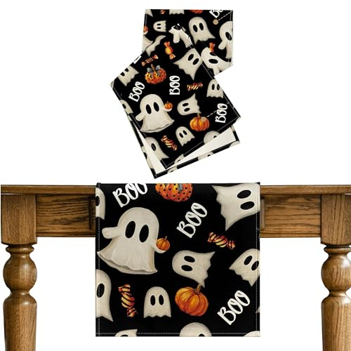 Esshogo 1 Stück Halloween Tischläufer, 40x180 cm Kürbisse Süßigkeiten Geist Halloween Tischdecke, Vintage Malerei Kürbis Tischdeko, Gespenst Deko Leinen Abwaschbare Tischläufe