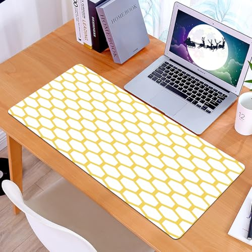 KDWJS Gaming Mauspad XXL 90x40cm Mousepad Groß Vernähte Kanten Anti-Rutsch für PC,Gelb und Weiß, sechseckiges Muster, Waben, Bienenstock, vereinfachte,Laptop Verbessert Präzision und Geschwindigkeit