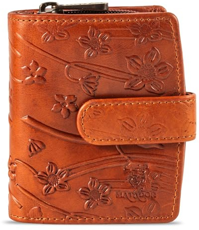 MATADOR Portemonnaie Damen Klein Leder #Valencia MINI mit edler Geschenkbox, Elegantes Kleines Portemonnaie Damen mit RFID Blocker, Luxus Mini Geldbörse Viele Kartenfächer, Blumen Braun
