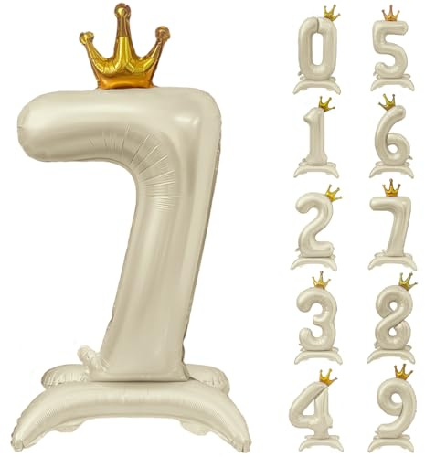 Creme Weiß Ballon 40 Zoll Stehende Zahl 7 Luftballon mit Krone Beige Krone Ballon Zahlen 0-9 Groß Helium Ballons Cremeweiß Geburtstag Party Dekorationen Hochzeit Deko