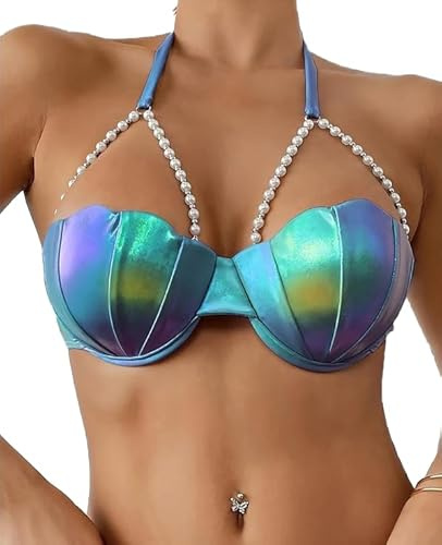 Mermaid Shell Bikini Top with Pearl Chain, Push Up Underwire Petal Swimsuit for Women, Sexy Beach Bathing Suit (Bright Blue,Medium)