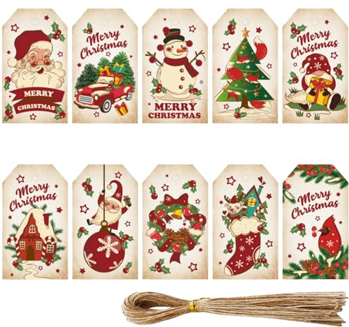 KIMHOME Lot de 100 étiquettes de Noël, papier kraft et papier cartonné blanc à suspendre avec emballage en jute pour emballage d'anniversaire et de fête