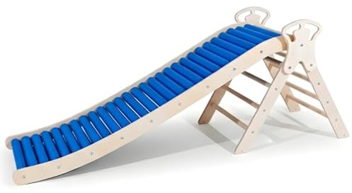 WoodsCraft 2in1 Set: Rollenrutsche-Wellenrutsche [160cm] mit Kletterdreieck | Indoor Rutsche & Kinderrutsche | Drehbare Rollen für vielfältige Sinneserfahrungen | Montessori Klettergerüst Indoor